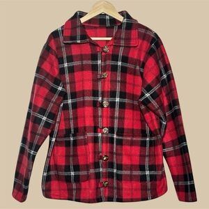 Women’s Red, Black, White Plaid FLEECE JACKET size L-XL bow buttons